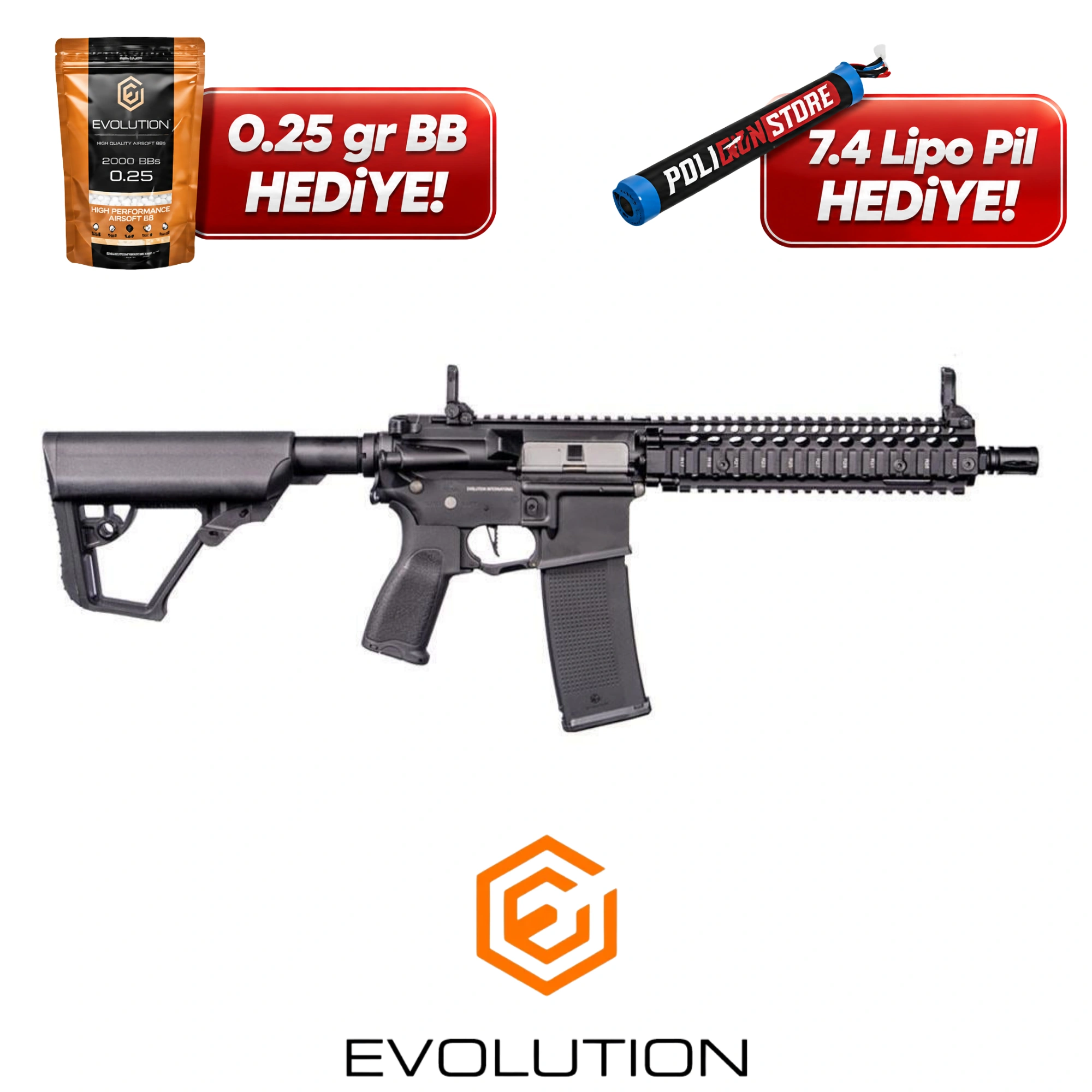 Evolution Recon MK18 Mod 1 10.8'' Carbontech Siyah Airsoft Tüfeği + 7.4v LiPo Pil