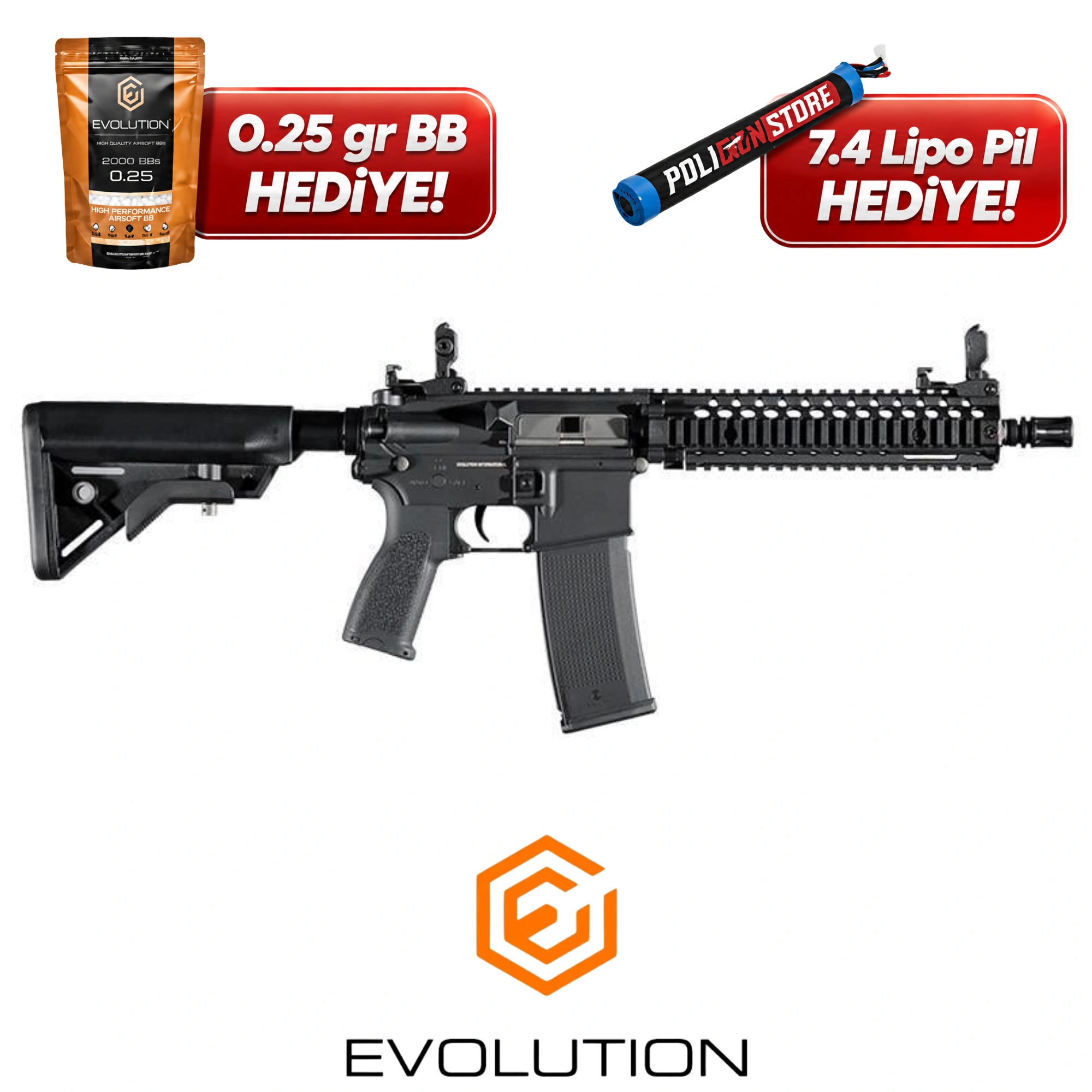 Evolution Recon Superlite MK18 Mod 1 10.8'' Carbontech Airsoft Tüfeği + 7.4v LiPo Pil