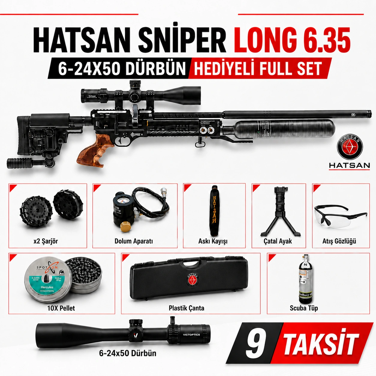 Hatsan Factor Sniper Long 6.35 PCP – Vector 6-24x50 Dürbün + 6L