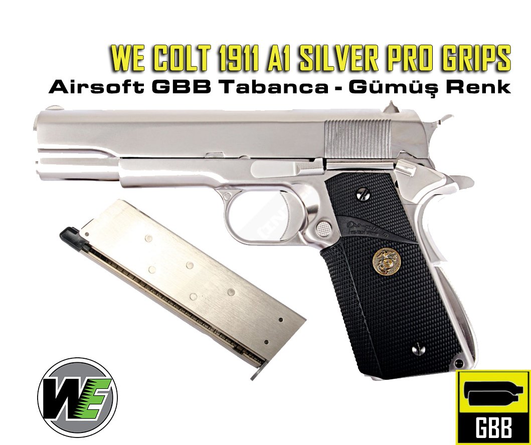 WE COLT 1911 A1 SILVER PRO GRIPS AIRSOFT TABANCA