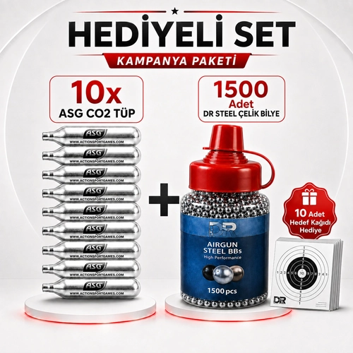 ASG 10 Adet CO2 T�p + 1500 Adet 4.5 mm �elik Bilye Hediyeli Set