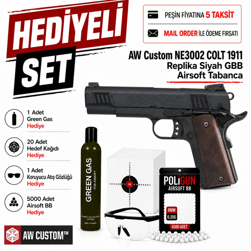 AW Custom NE3002 COLT 1911 Replika Siyah GBB Airsoft Tabanca (6mm)