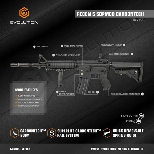 Evolution M4 Recon Superlite SOPMOD Siyah Carbontech Airsoft T�fe�i + 7.4v LiPo Pil