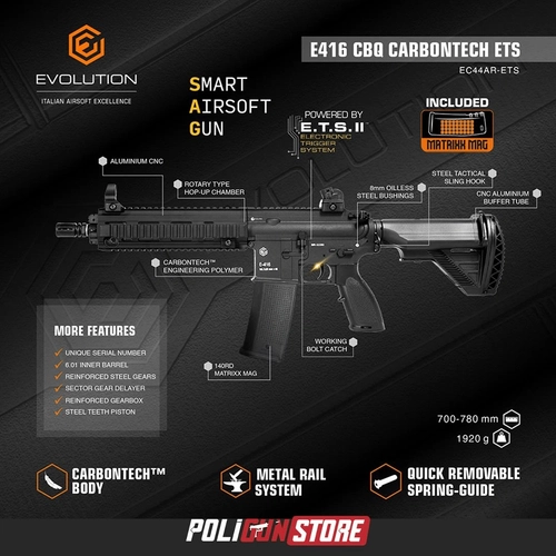 Evolution E-416 CQB Carbontech ETS Airsoft T�fe�i + 7.4v LiPo Pil