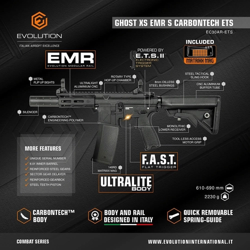Evolution Ghost XS EMR S Carbontech ETS Airsoft T�fe�i + 7.4v LiPo Pil