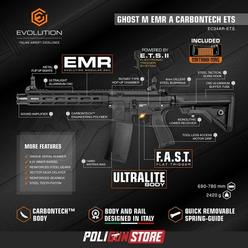 Evolution Ghost M EMR A Carbontech ETS Airsoft T�fe�i + 7.4v LiPo Pil