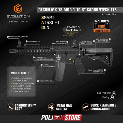 Evolution Recon MK18 Mod 1 10.8'' Carbontech ETS Airsoft T�fe�i + 7.4v LiPo Pil