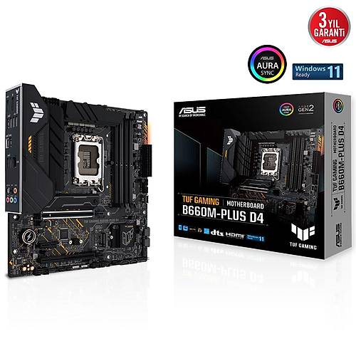 Asus Tuf Gaming B660M-Plus D4 ntel B660 Lga1700 Ddr4 5333 Dp Hdmi ift M2 Usb3.2 Aura Rgb 2.5Gbit Lan Matx 128GbA Kadar Ram Destei Asus 5X Tuf Protection ii