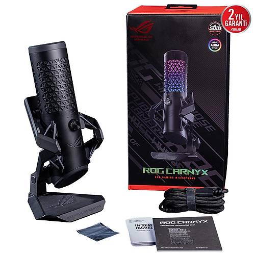 ASUS ROG CARNYX PROFESYONEL KARDOD KONDENSER OYUN MKROFONU STDYO KALTESNDE 25 MM KONDENSER KAPSL 192 kHz / 24-bit RNEKLEME HIZI YKSEK GE FLTRES DAHL POP FLTRES AURA SYNC RGB PROFESYONEL YAYINCI MKROFONU