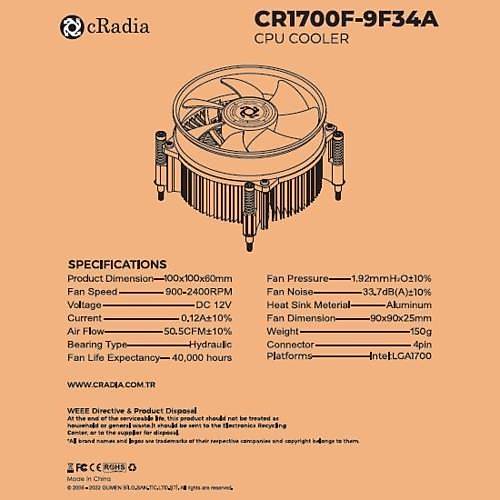 CRADIA CR-1700F-9F34A 1700P CPU FAN