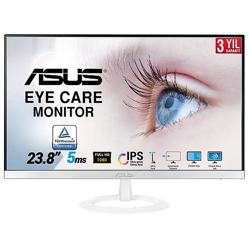 ASUS VZ249HE-W 23.8 BEYAZ IPS 1920x1080 5MS 75HZ HDMI VGA 3YIL EYECARE. FLICKER-FREE.CERCEVESIZ.DUSUK MAVI ISIK.ULTRA SLIM
