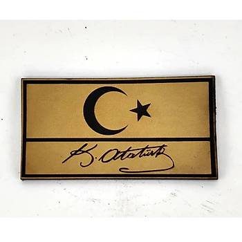Bayrak Kemal Atatürk İmzalı Deri PEÇ - Arma - Askeri Patch