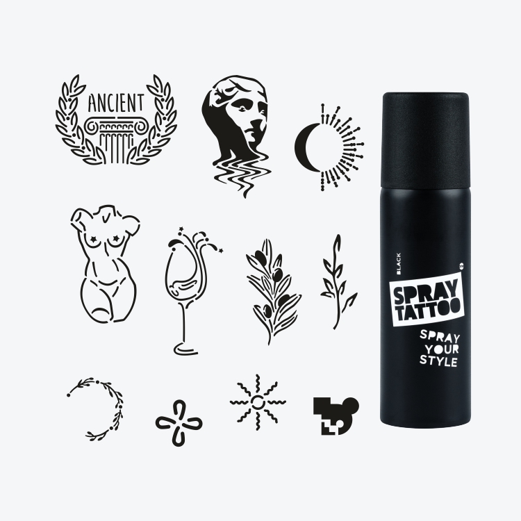 Ephesus City Pack Spray Tattoo Geçici Dövme Seti 11 Desen 1 Siyah Sprey