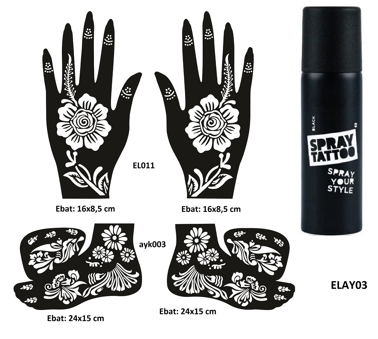 Karanfil Model El Ayak Geçici Dövme Seti Spray Tattoo Dark Siyah Renk