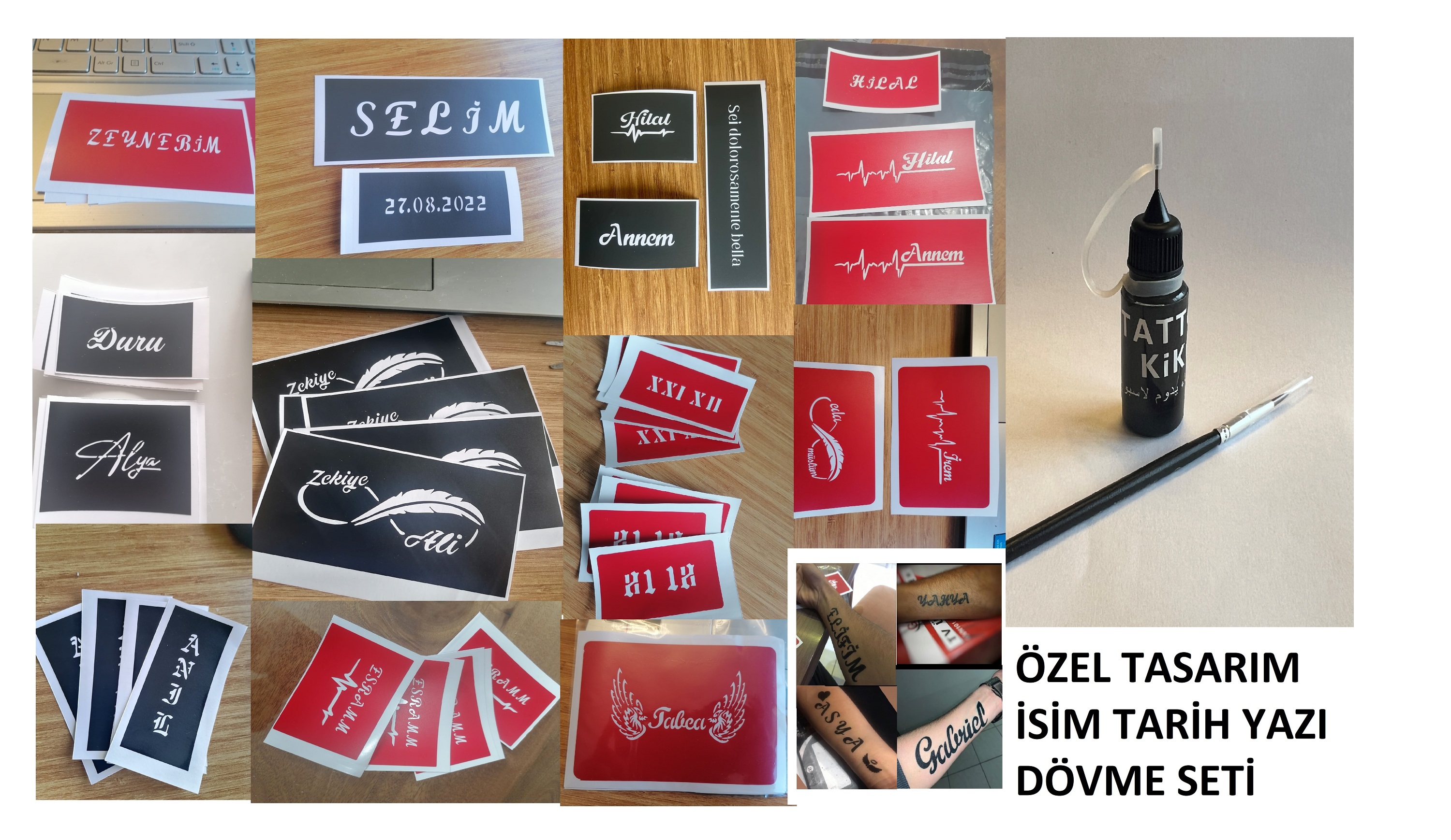 Özel İsim Tarih ve Yazı Yazma Dövme Seti Likit Boya ve Fırça Hediyeli