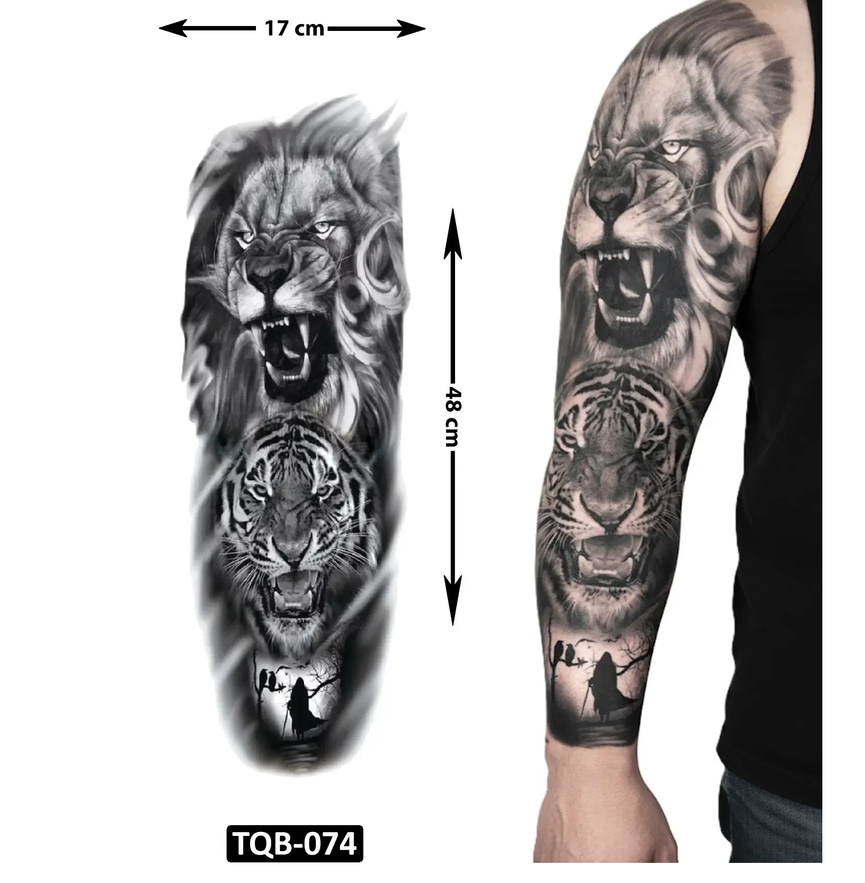 Aslan Kaplan 1 Hafta Kalıcı Tam Kol Yapıştırma Geçici Dövme 48 CM