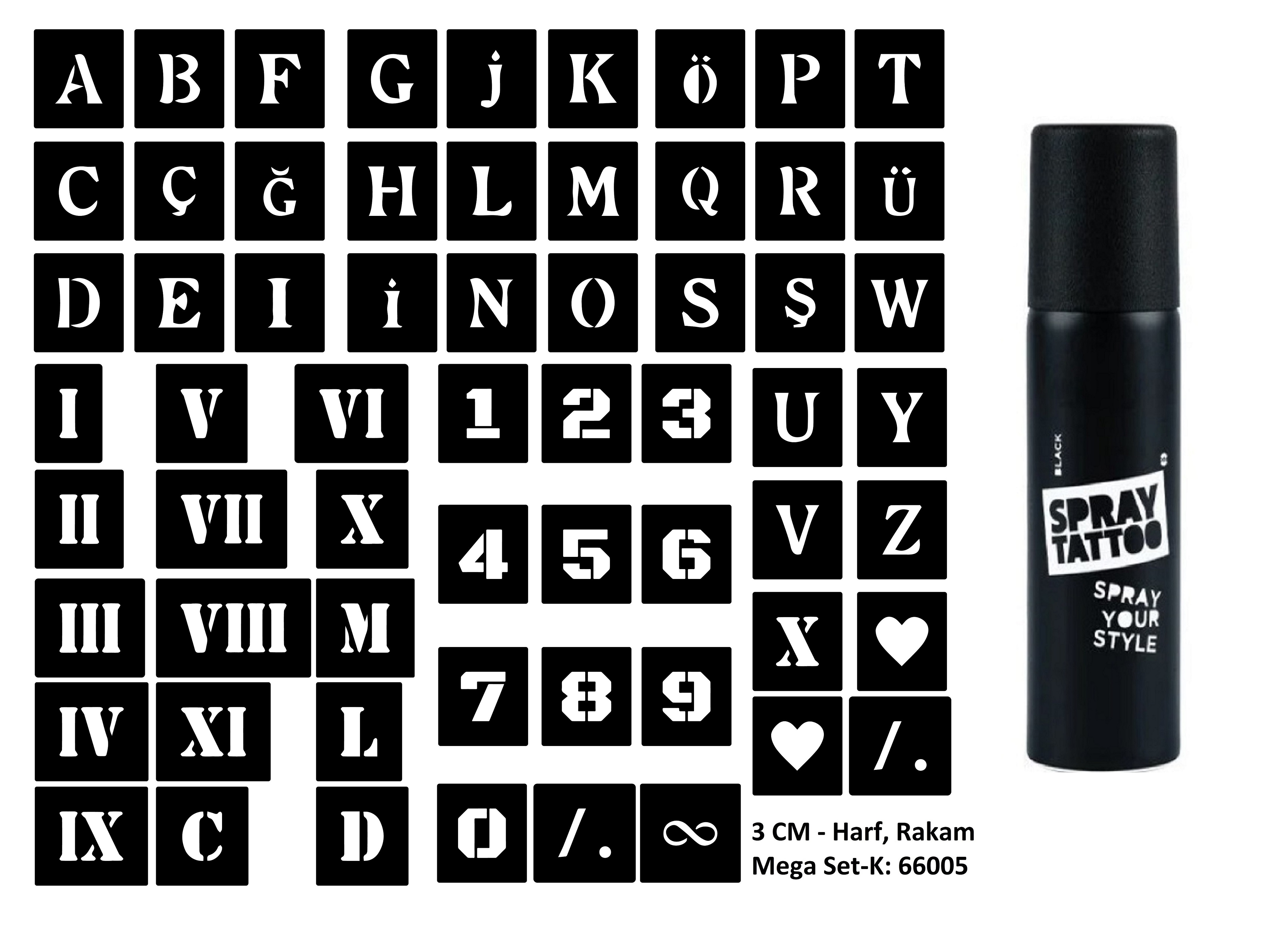 Büyük Harf ve Rakamlar Spray Tattoo Geçici Dövme Seti
