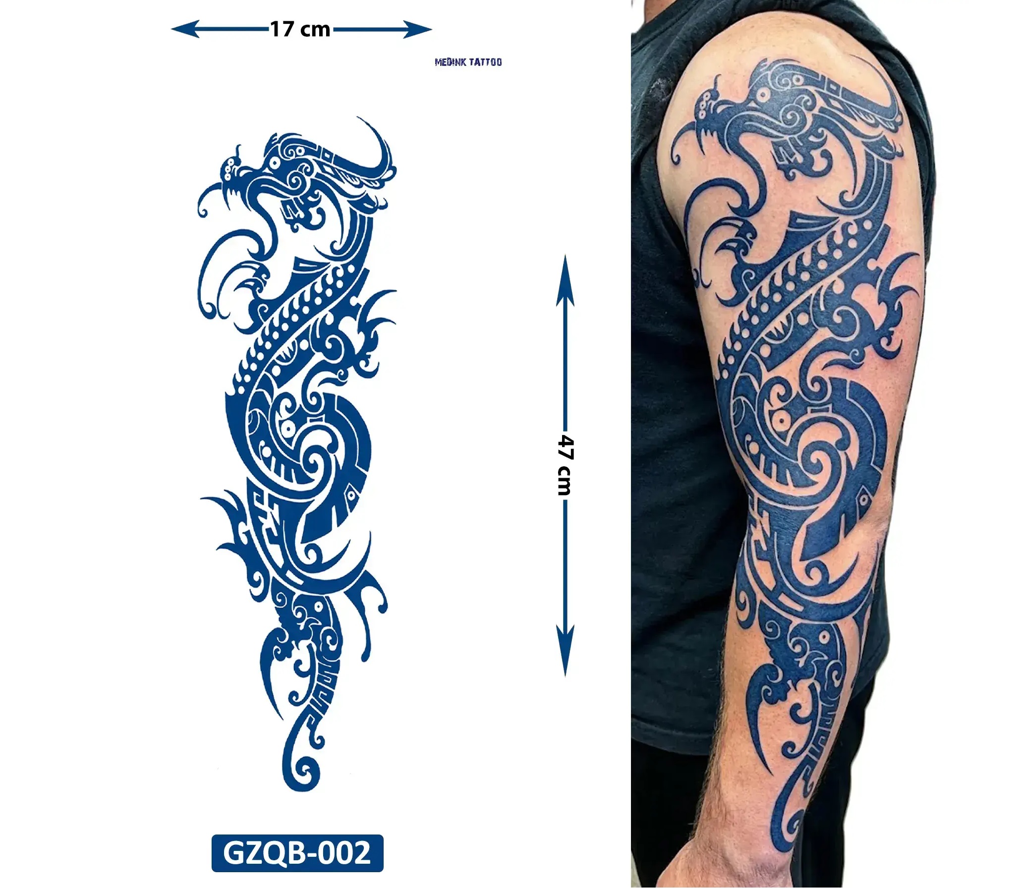 Dragon 3 Hafta Kalıcı Tam Kol Bacak Kaplama Yapıştırma Geçici Dövme 46 CM