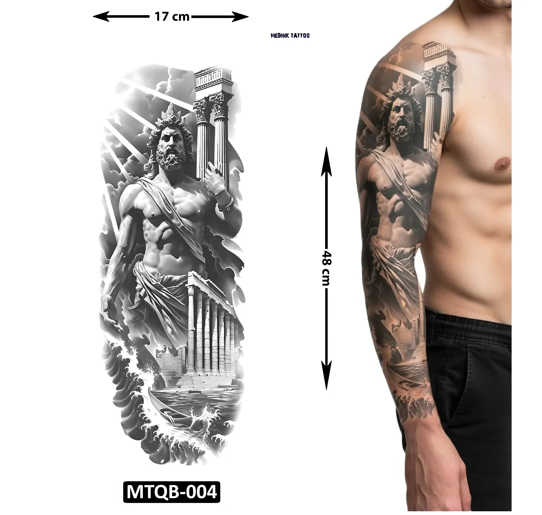 Kral Zeus 1 Hafta Kalıcı Tam Kol Bacak Yapıştırma Geçici Dövme 48 CM