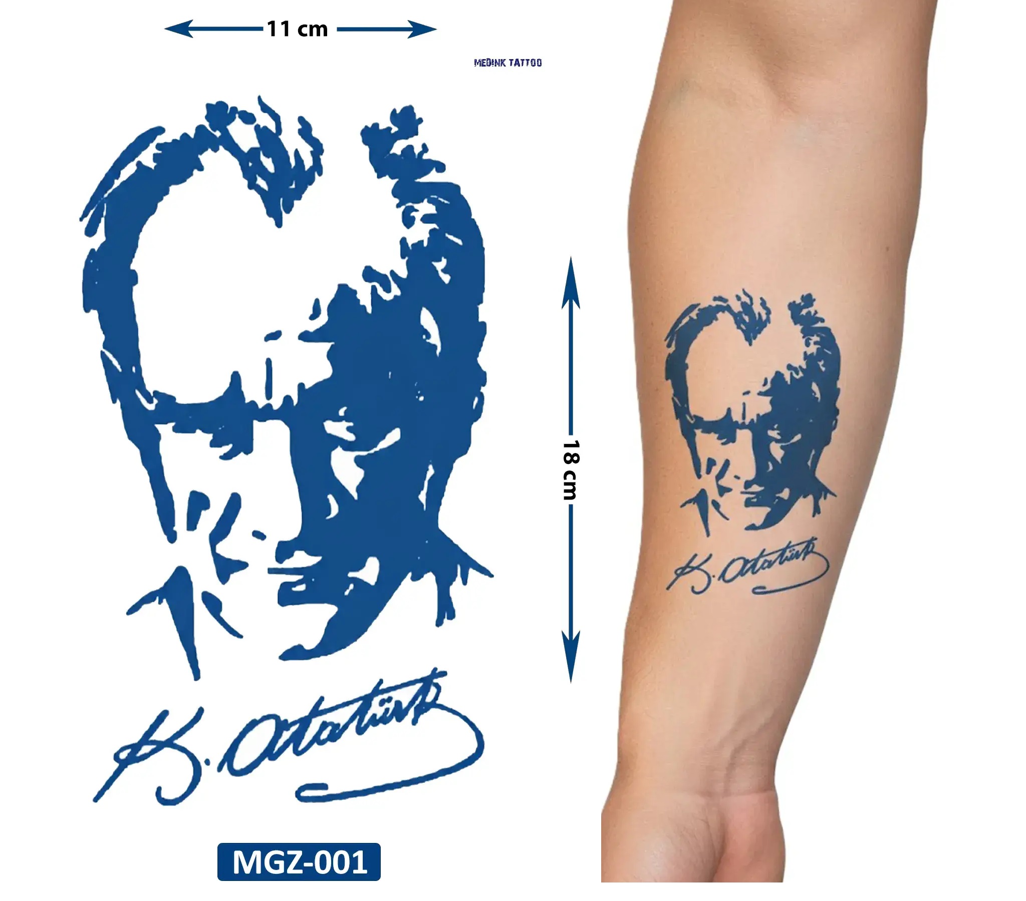 Atatürk 18x11 cm Yarı Kalıcı Hayalet Geçici Dövme Yapıştırma Dövme