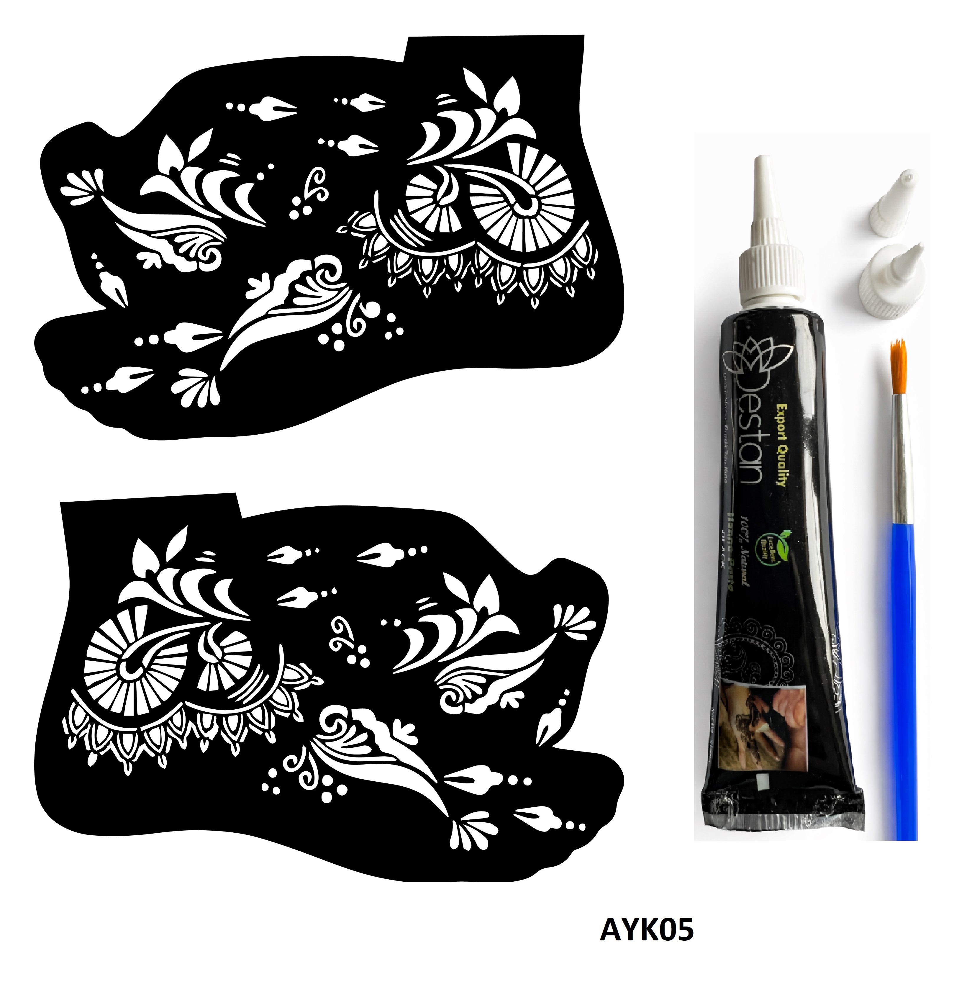 Sümbül Desenleri 2 Adet Ayak Kalıbı ve Siyah Hint Kınası Geçici Dövme Yapma Seti