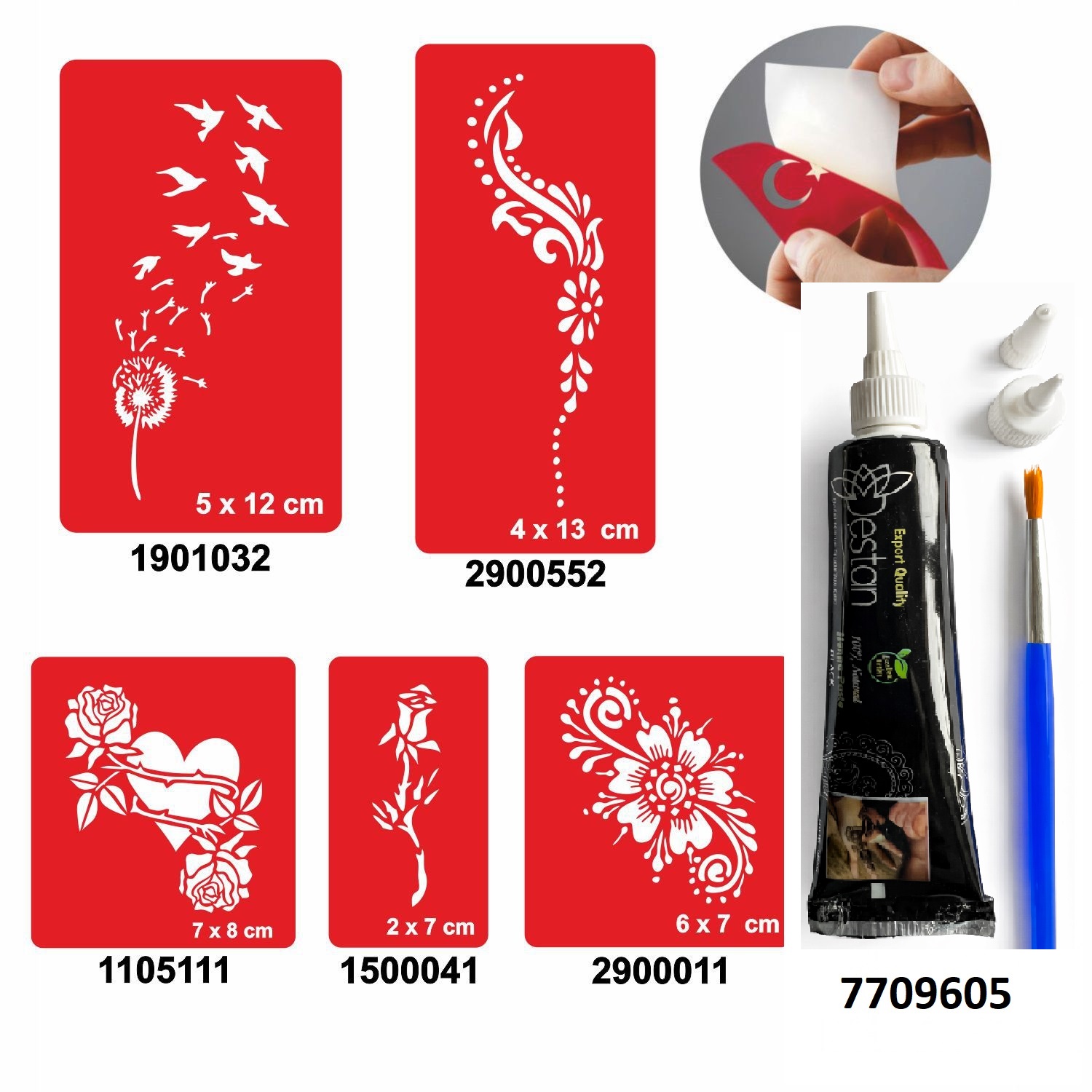 Tüy ve Çiçek Desenleri Hint Kınası ile Geçici Dövme Yapma Seti
