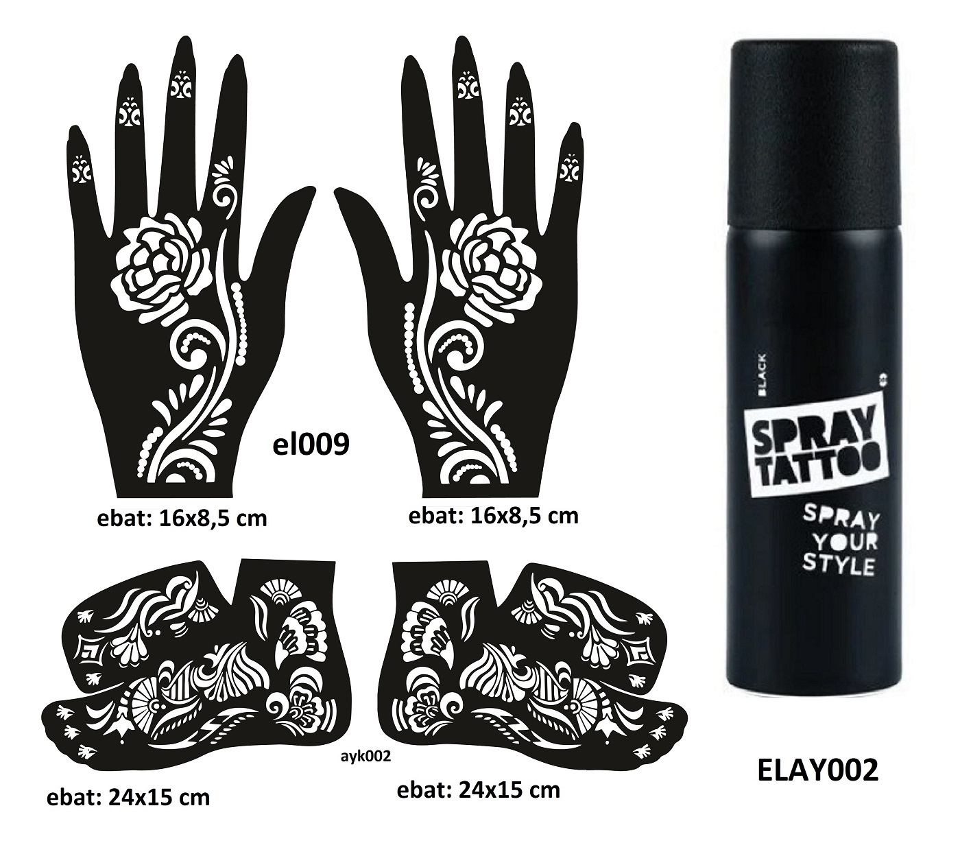 Gül Model El Ayak Geçici Dövme Seti Spray Tattoo Dark Siyah Renk