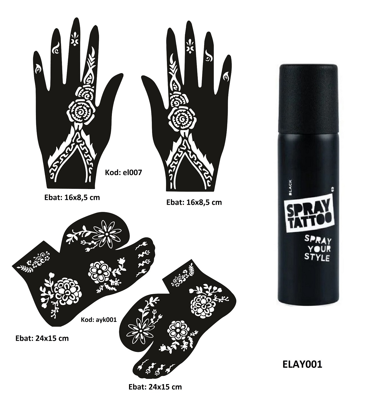 Çiçek Model El Ayak Geçici Dövme Seti Spray Tattoo Dark Siyah Renk