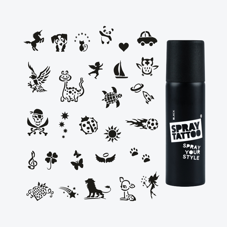 Wonderland City Pack Spray Tattoo Geçici Dövme Seti 28 Desen 1 Siyah Sprey