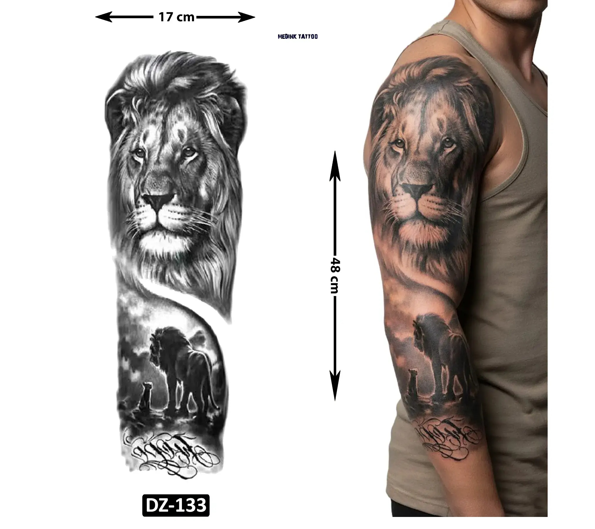 Aslan Tam Kol Bacak Yapıştırma Geçici Dövme 48 CM