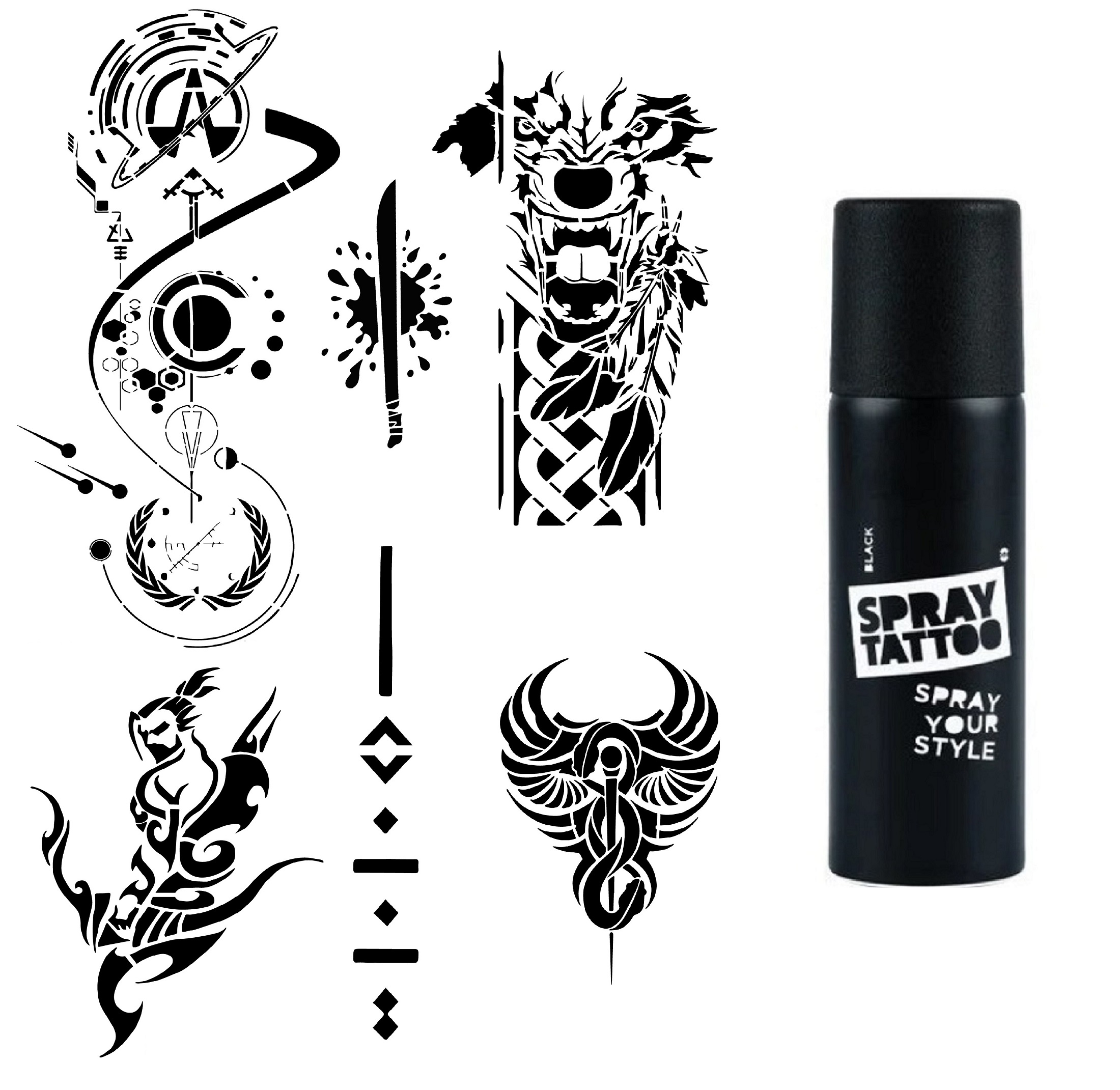 Fantastik Karizmatik Sprey Dövme Geçici Dövme Seti Dark Siyah
