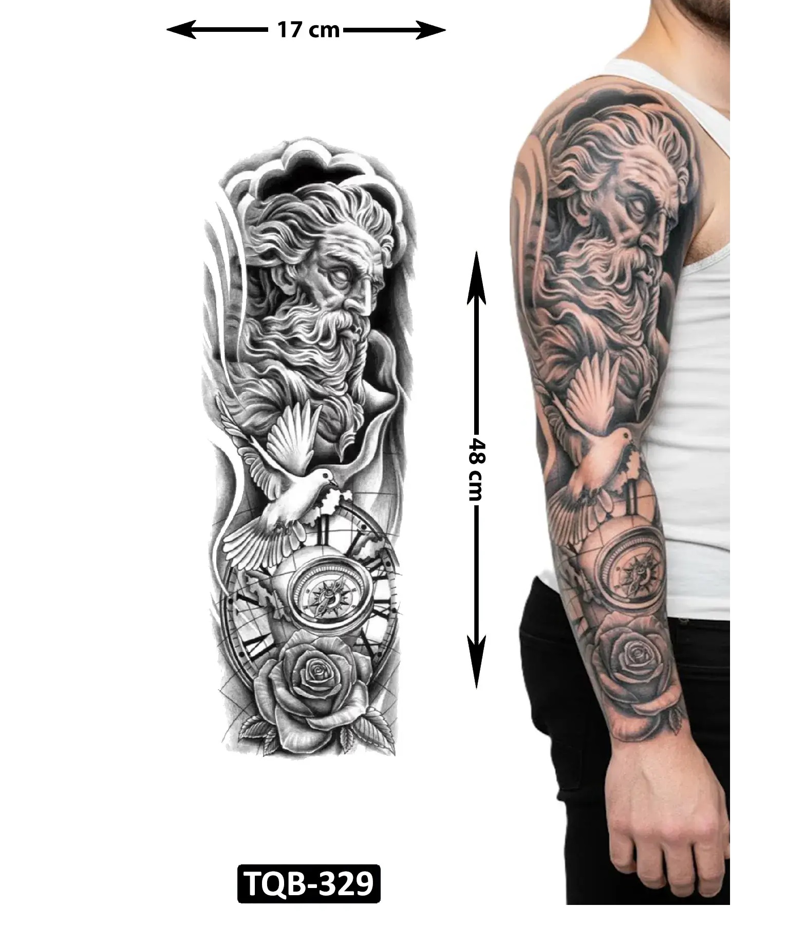 Zeus Barış Güvercini 1 Hafta Kalıcı Tam Kol Kaplama Geçici Dövme 48 CM