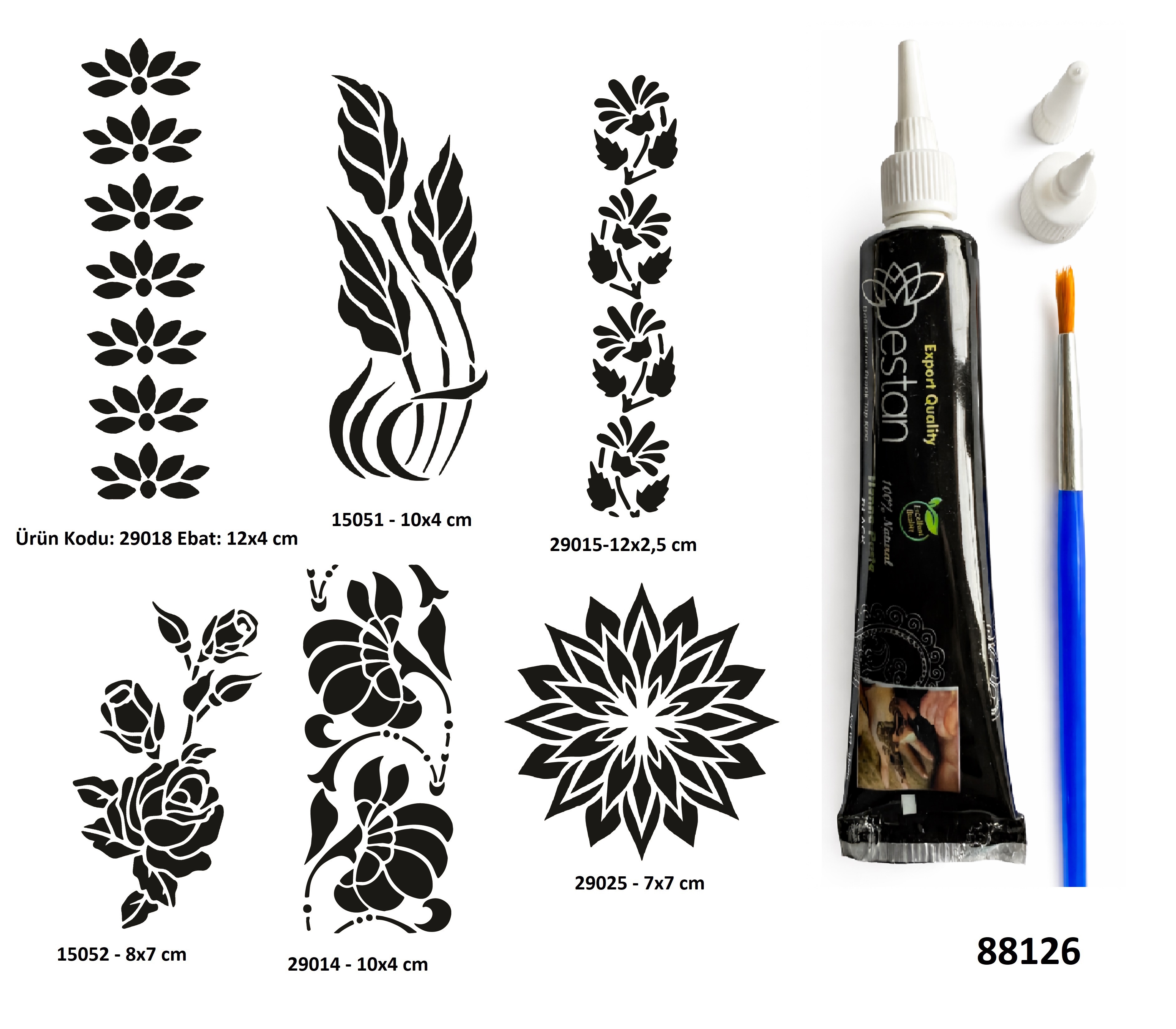 Çiçek Desenleri Siyah Hint Kınası Hediyeli Geçici Dövme Yapma Seti