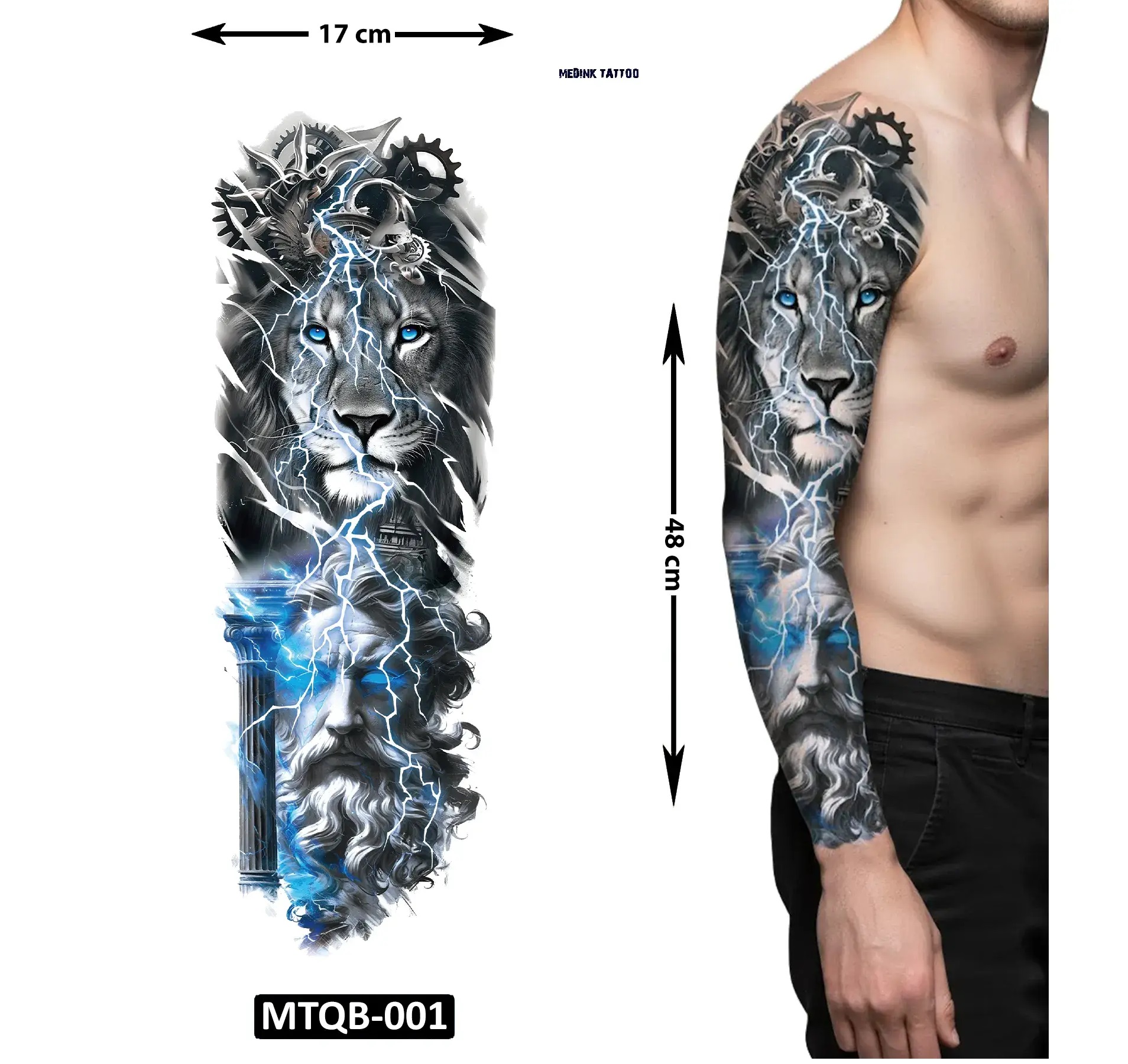 Aslan Zeus 1 Haftalık Tam Kol Bacak Yapıştırma Geçici Dövme 48 CM