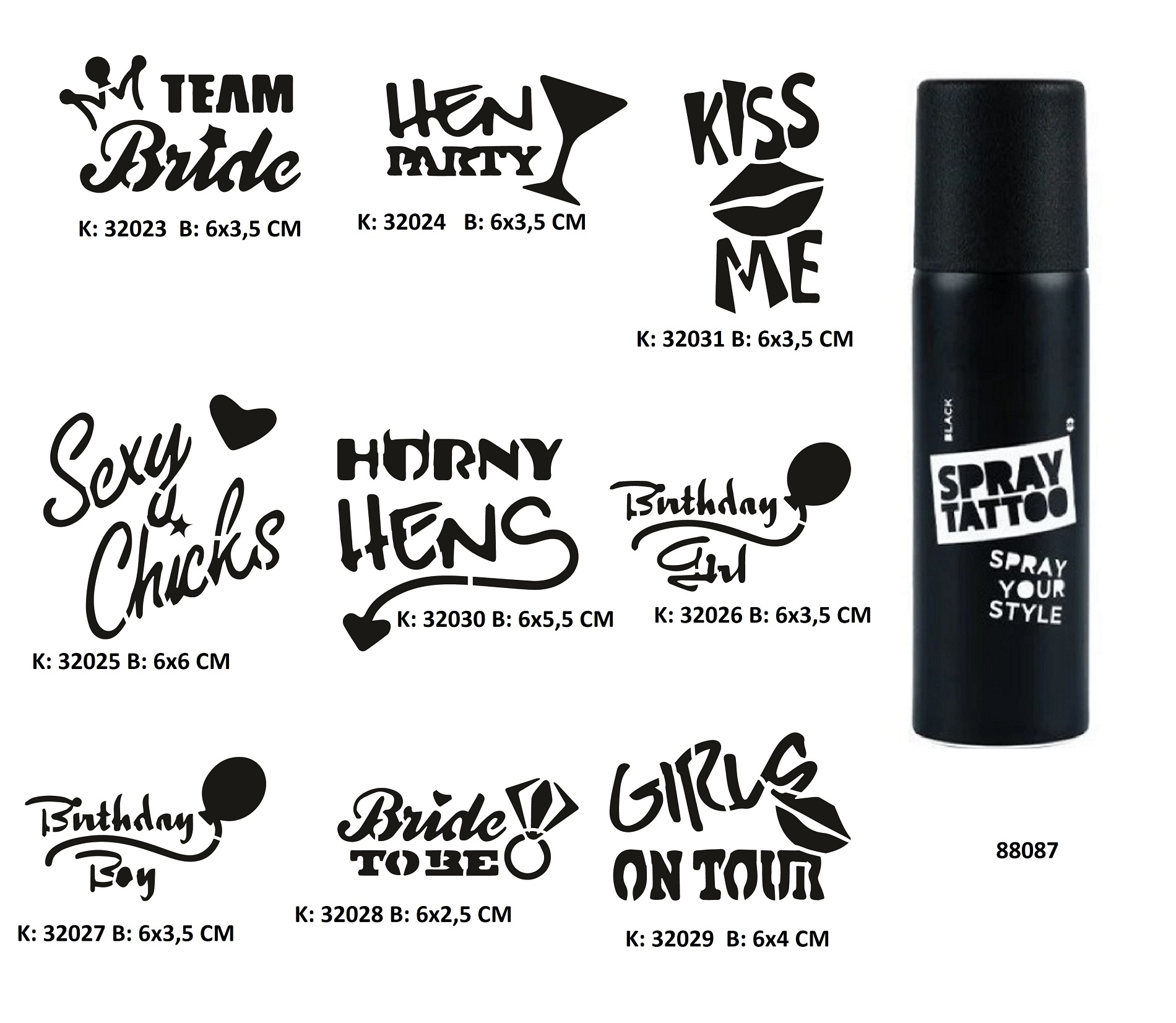 Parti ve Bekarlığa Veda Serisi Spray Tattoo Geçici Dövme Seti Sprey Dövme Kiti