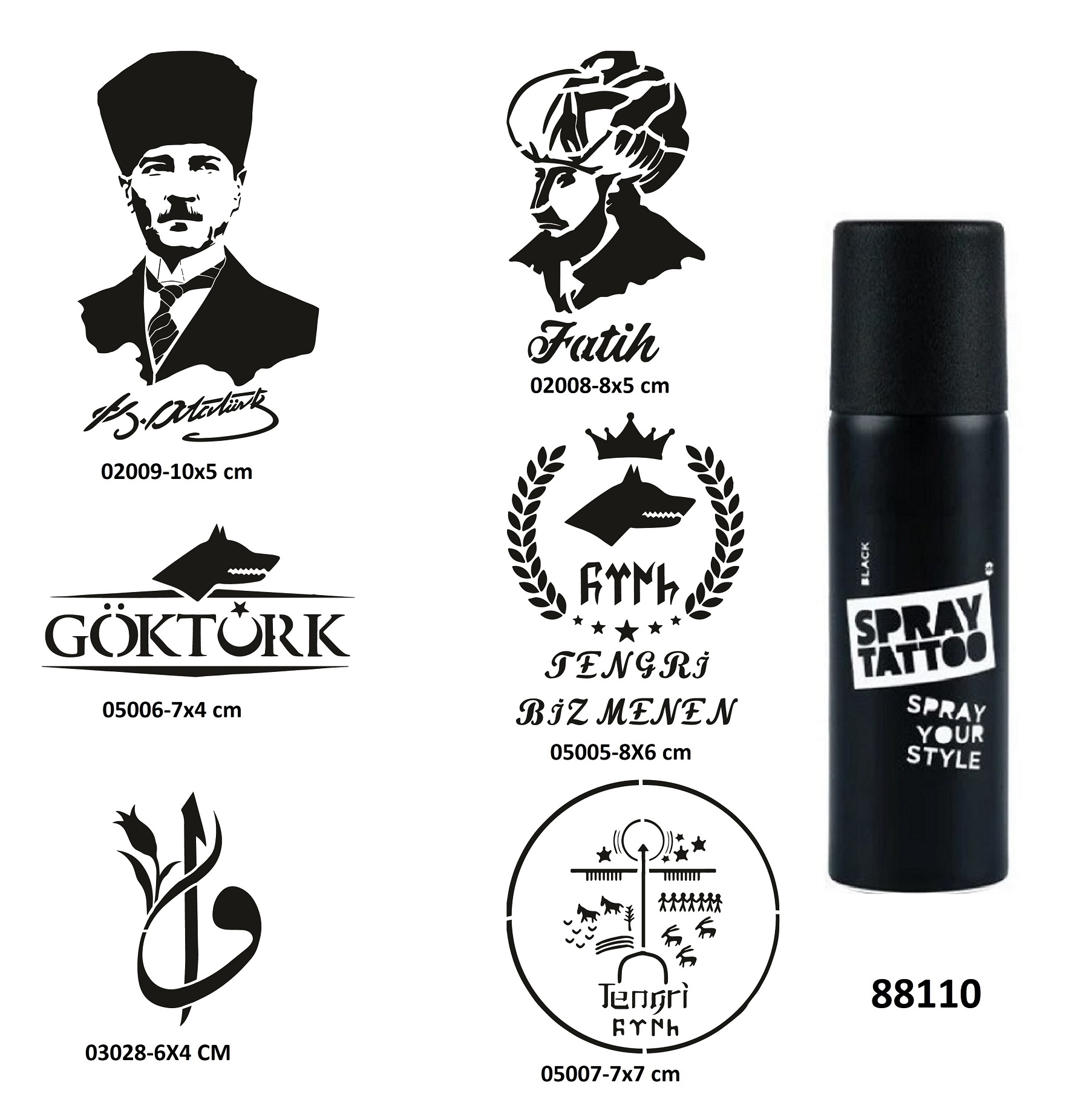 Atatürk Fatih Spray Tattoo Geçici Dövme Seti Dark Sprey Dövme Kiti