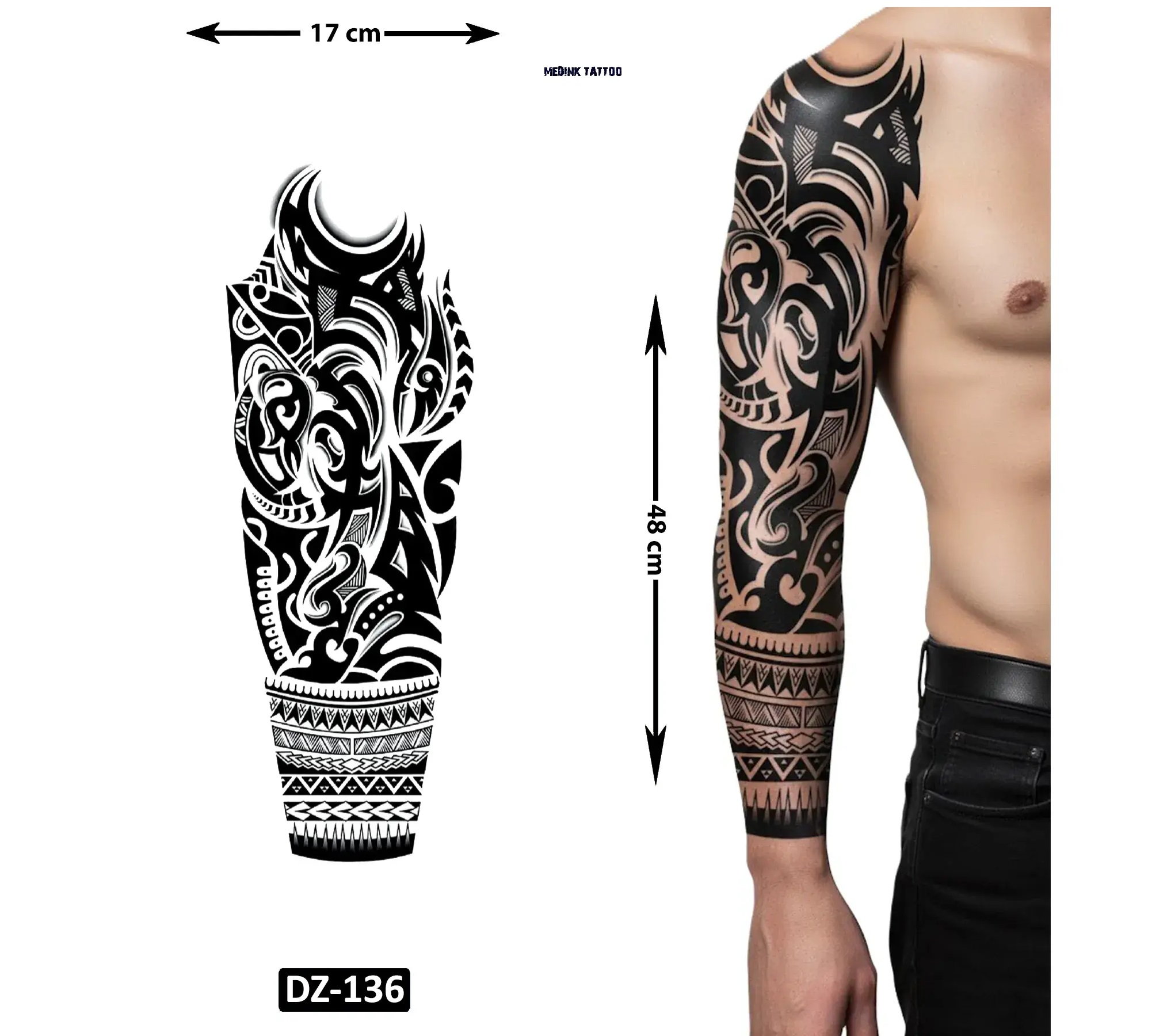 Tribal Tam Kol Kaplama Bacak Yapıştırma Geçici Dövme 48 CM