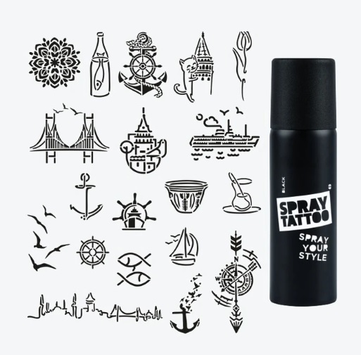 İstanbul City Pack Spray Tattoo Geçici Dövme Seti 19 Desen 1 Siyah Sprey