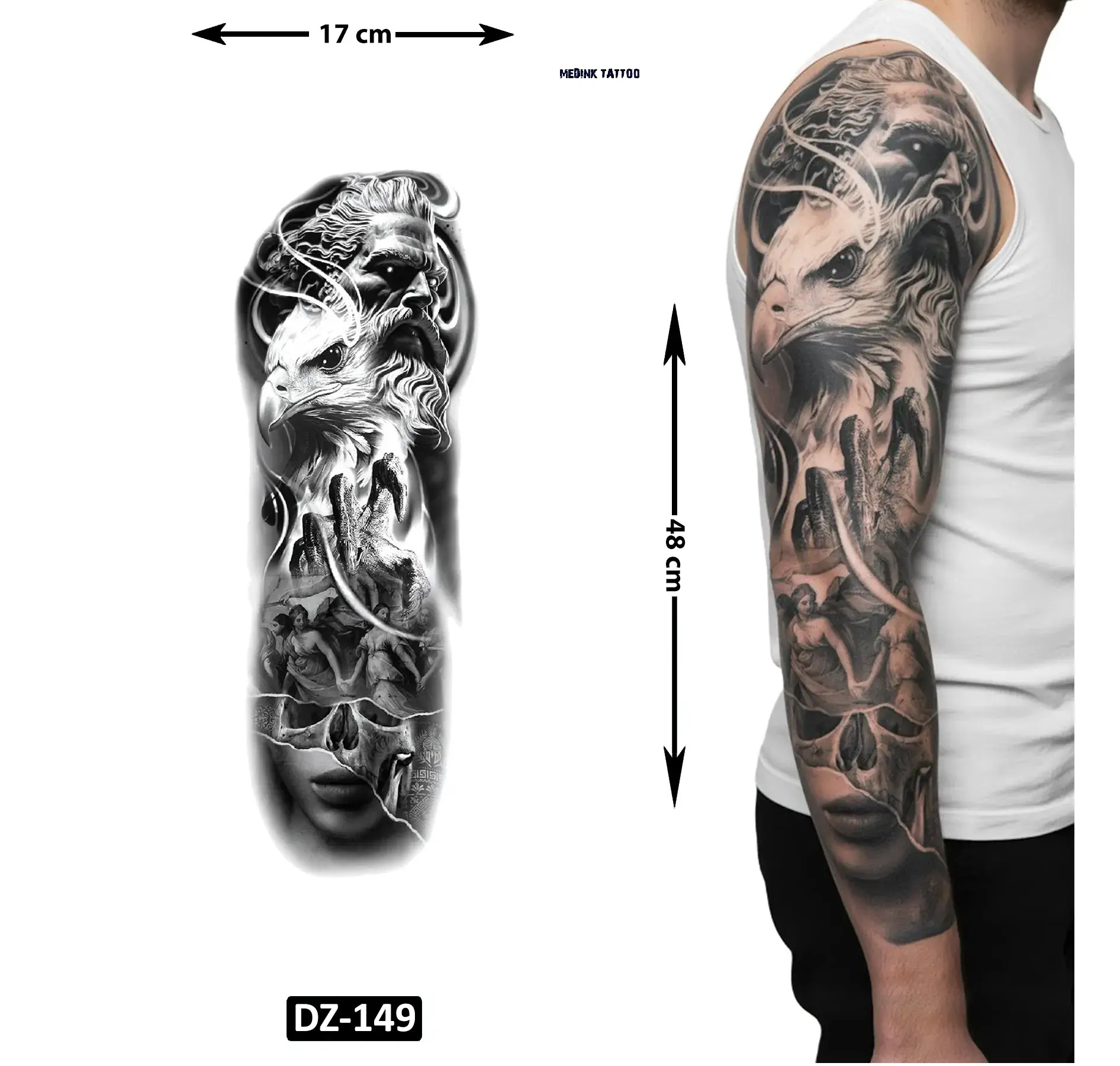 Kartal Zeus Tam Kol Bacak Yapıştırma Geçici Dövme 48 CM