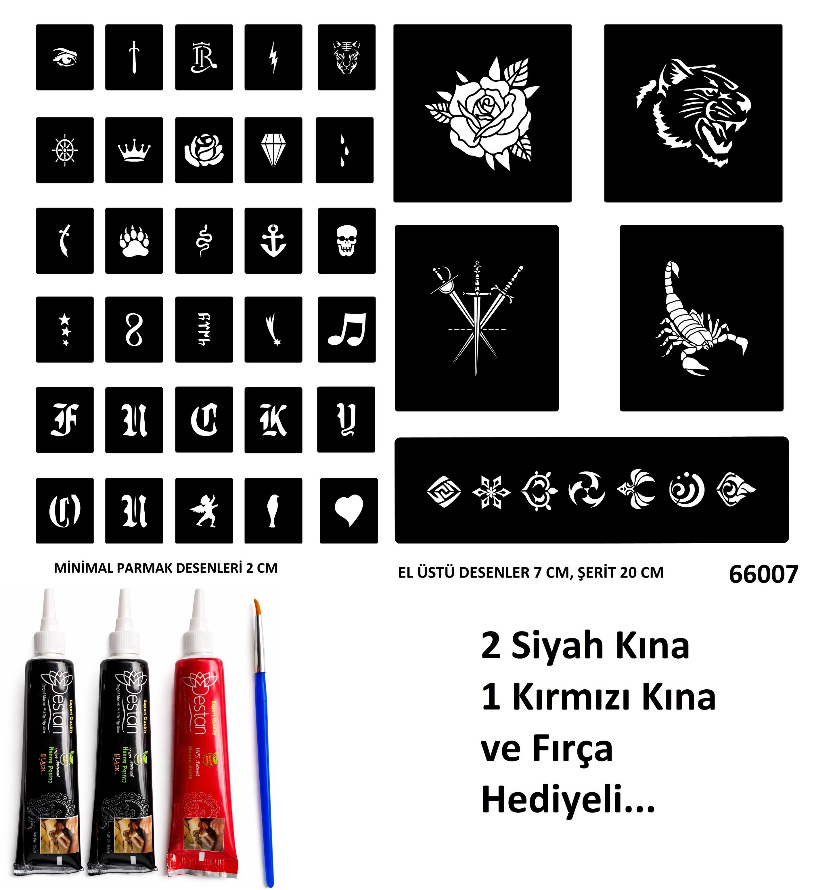 El Üstü ve Parmak için Geçici Dövme Seti 3 Tüp Kına ve Fırça Hediyeli