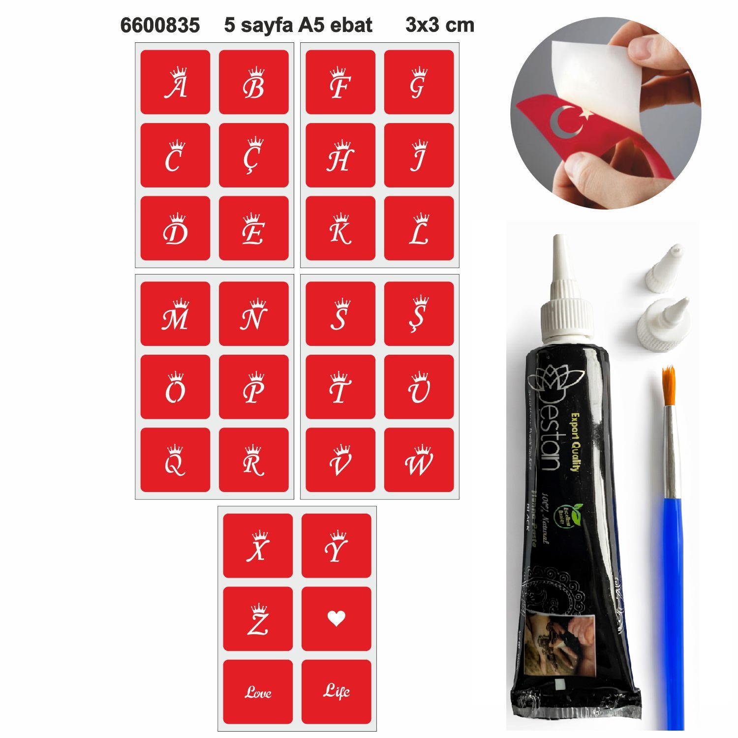 Taçlı Harfler Hint Kınası ile Geçici Dövme Yapma Seti