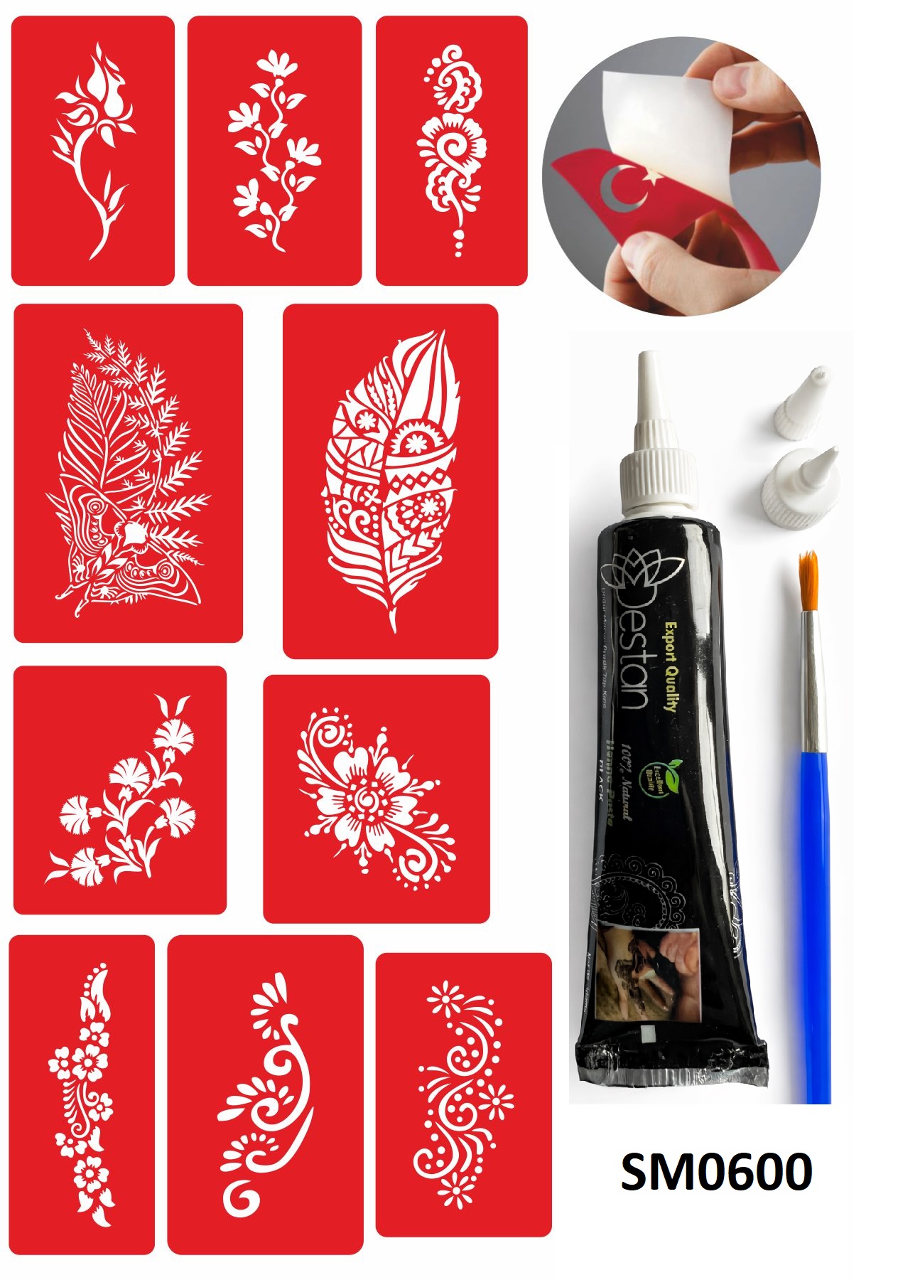Çiçekli Desenler 1 Kına 10 Desen Kınayla Geçici Dövme Yapma Seti