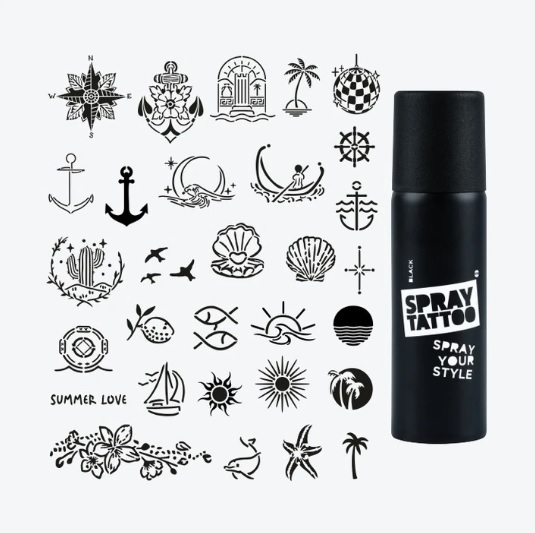 Bodrum City Pack Spray Tattoo Geçici Dövme Seti 30 Desen 1 Siyah Sprey