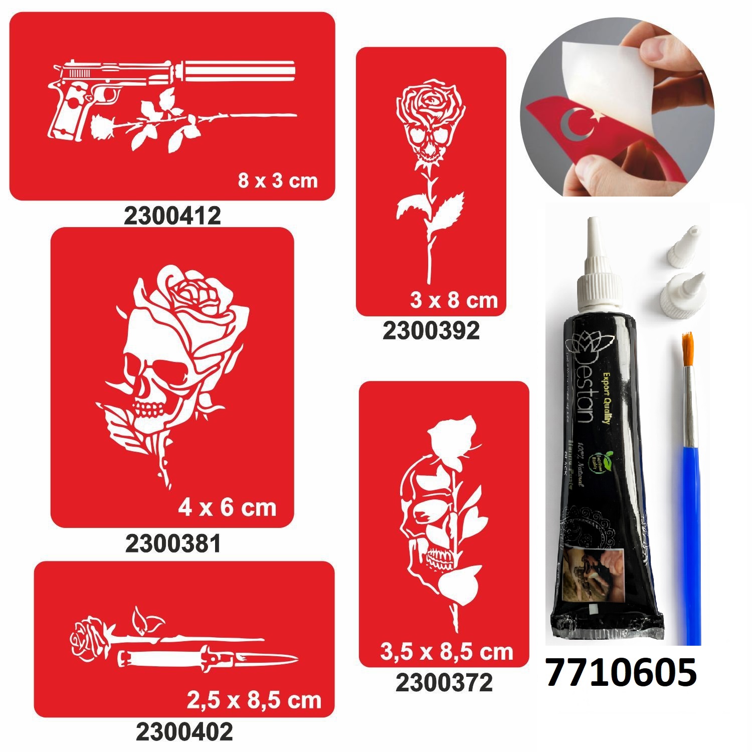 Kurukafa Gül Desenleri Hint Kınası ile Geçici Dövme Yapma Seti