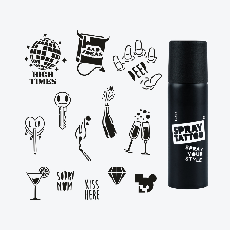 Ibıza City Pack Spray Tattoo Geçici Dövme Seti 13 Desen 1 Siyah Sprey