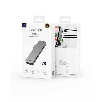 Wiwu USB C HUB T5 Type-C 5 in 1 oklayc Hub Gri