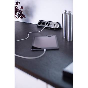 Brennenstuhl Estilo Mutfak ve Ofis in elik Yzeyli Keli 4 Soketli 2 USB li 2 MT Uzatma Kablo