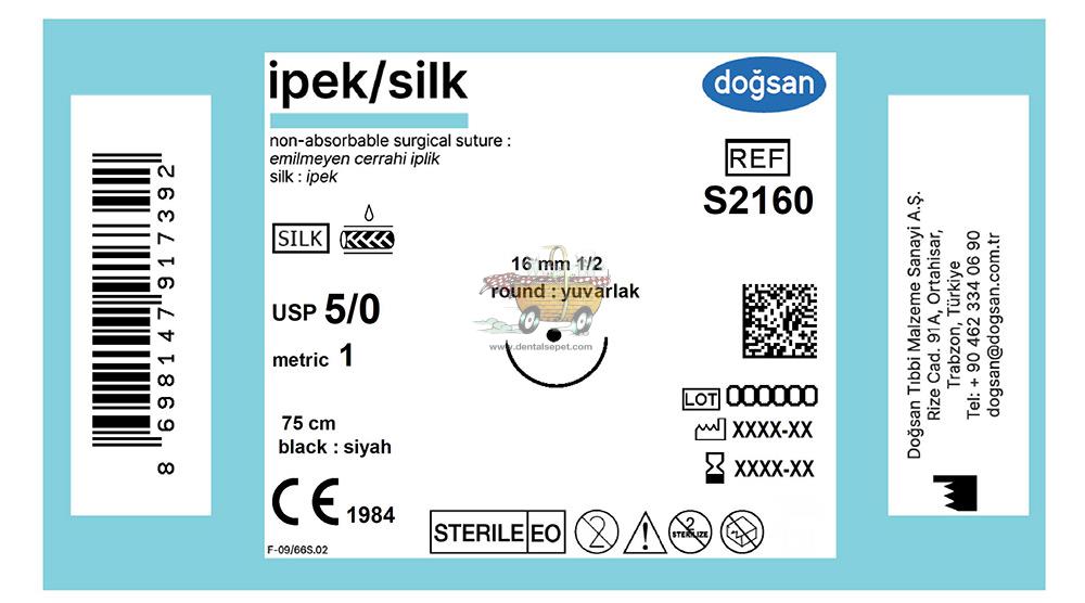 DOGSAN Ipek 5/0 16 1/2 Yuvarlak 75cm Ipek Emilemeyen Sutur 12 Ad./Pkt