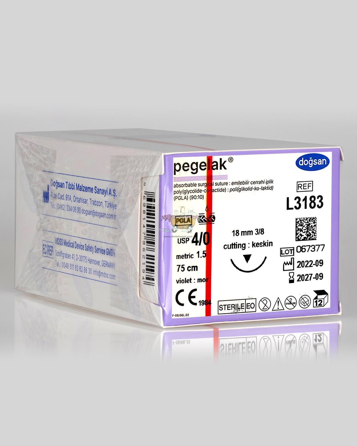 DOGSAN Pegelak 4/0 18 3/8 Asagi Keskin 75cm PGLA Emilebilir Sutur 12 Ad./Pkt
