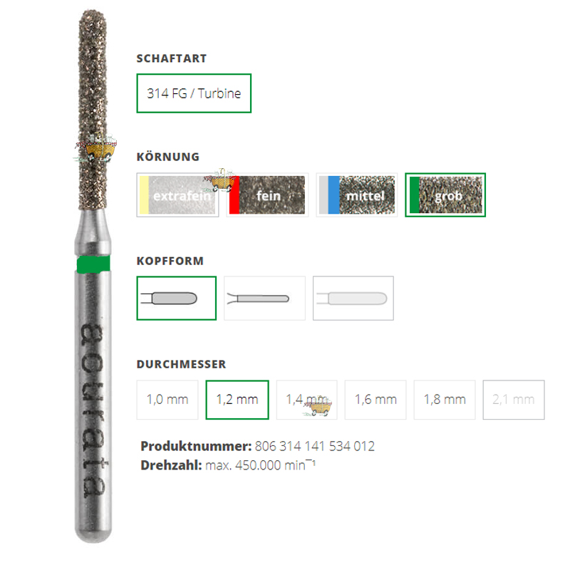 ACURATA Aeratör için Yeşil Kuşaklı Elmas Yuvarlak Bitim Fissür / Shoulder Frez 806-314-141-534-012